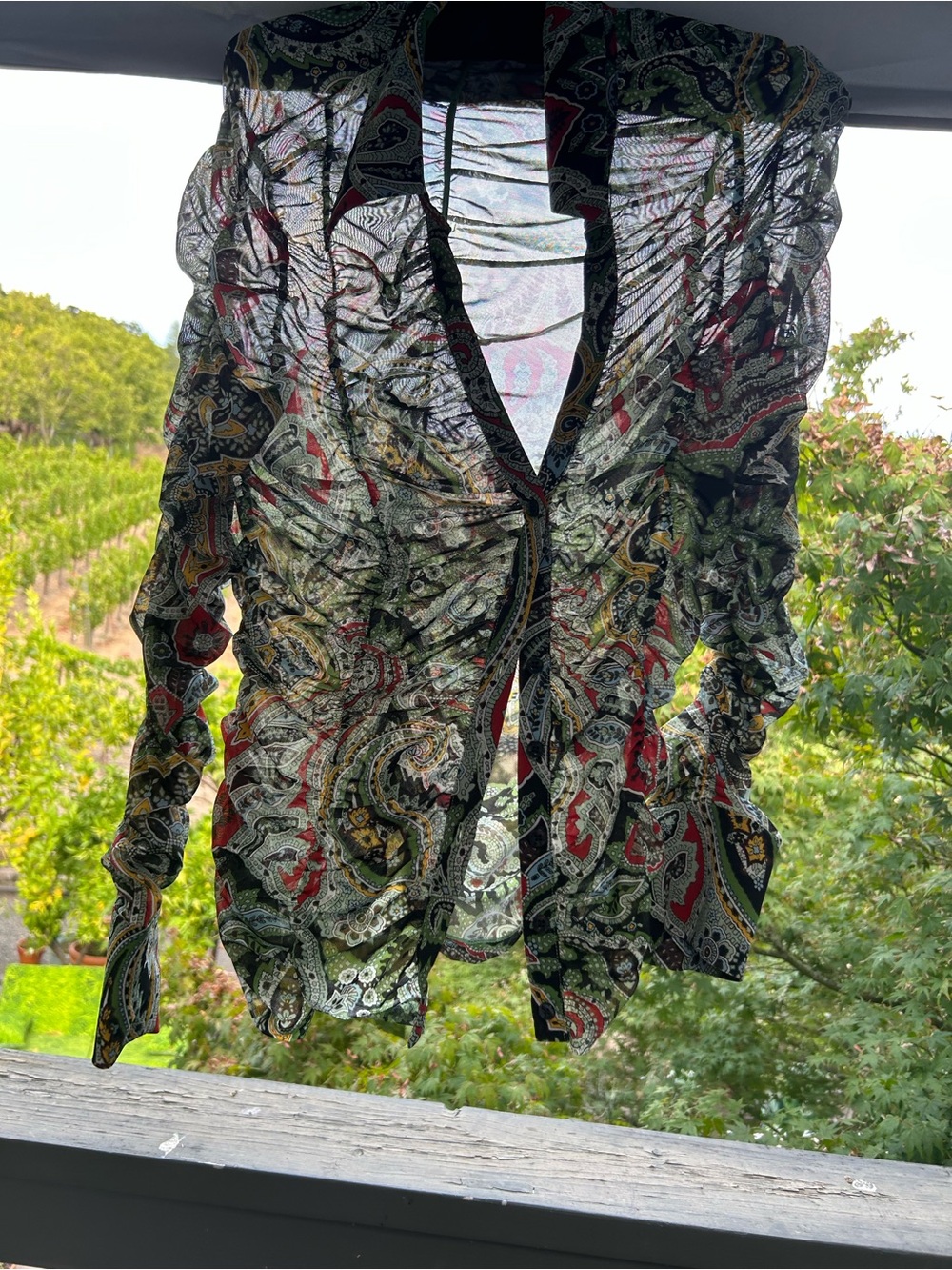 Alice + Olivia Multicolor Stretch Mesh Paisley Ruched Button-Front Top - Picture 2 of 8